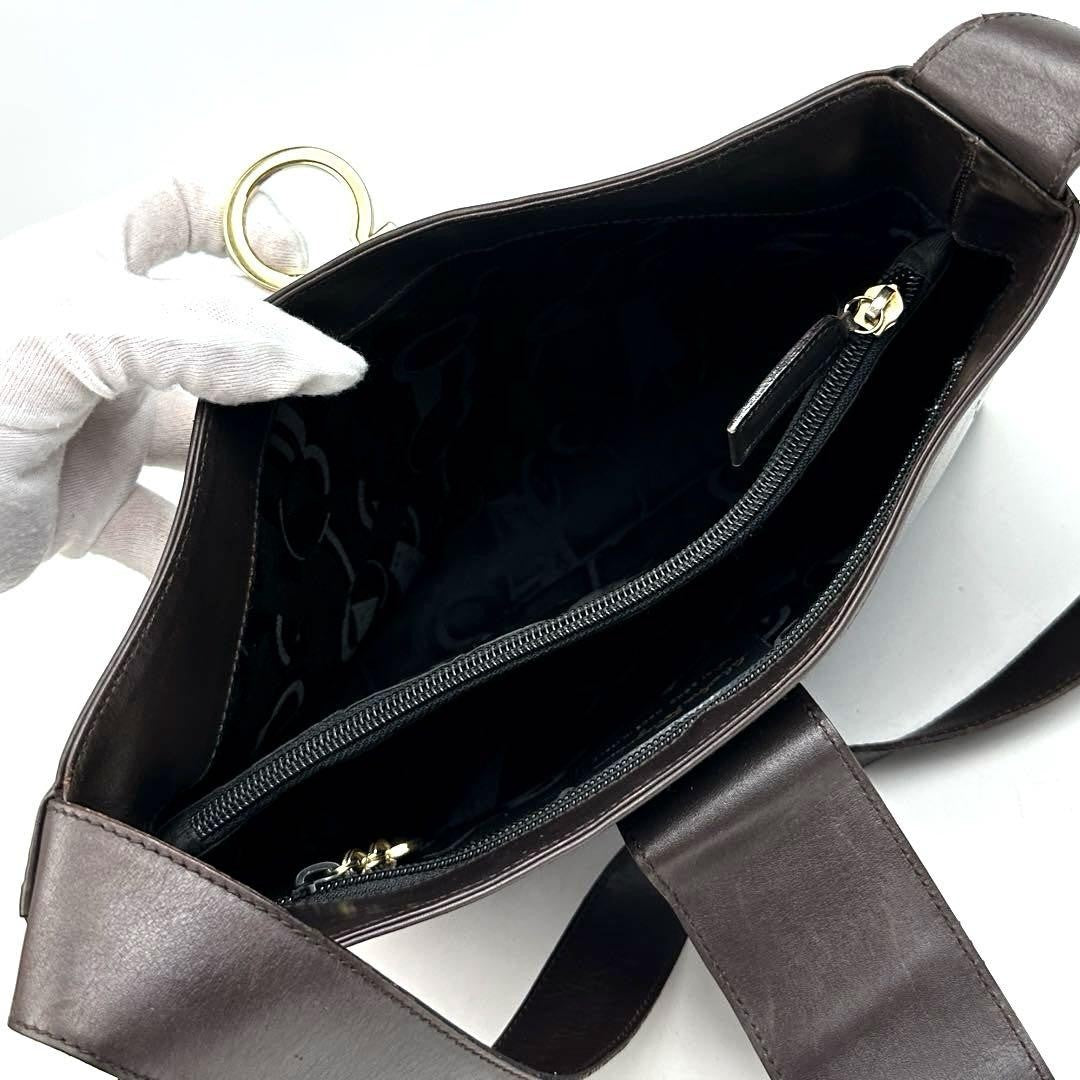 Salvatore Ferragamo Shoulder Bag Purse Gancini Leather Dark Brown Authentic