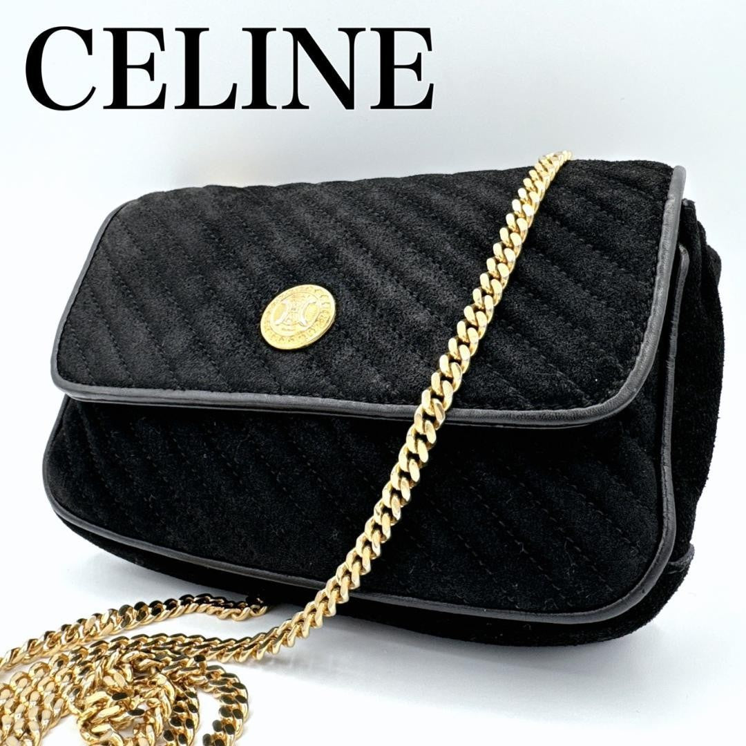 CELINE Shoulder Bag Purse Macadam Chain Black Authentic