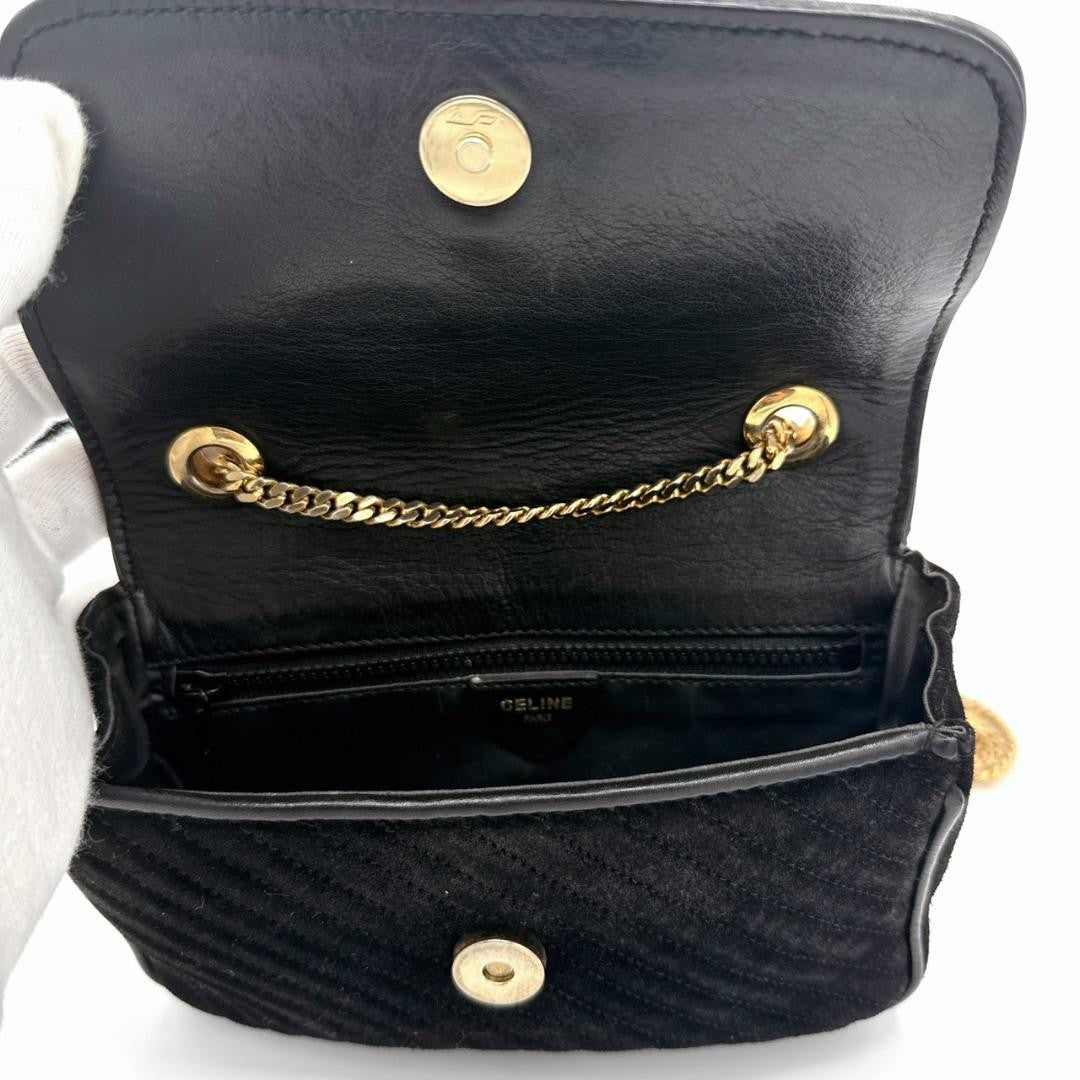 CELINE Shoulder Bag Purse Macadam Chain Black Authentic