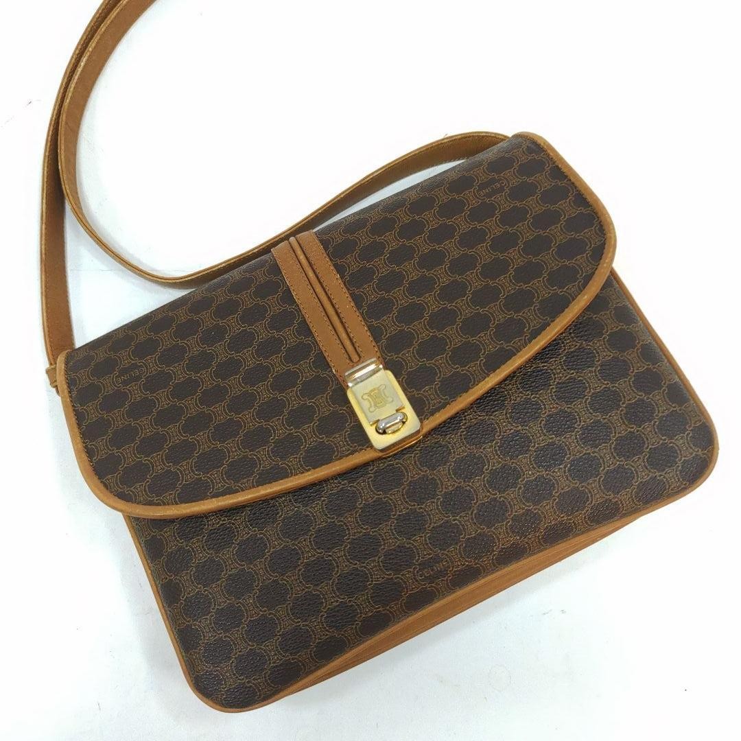CELINE Shoulder Bag Purse Macadam Leather PVC Brown Authentic