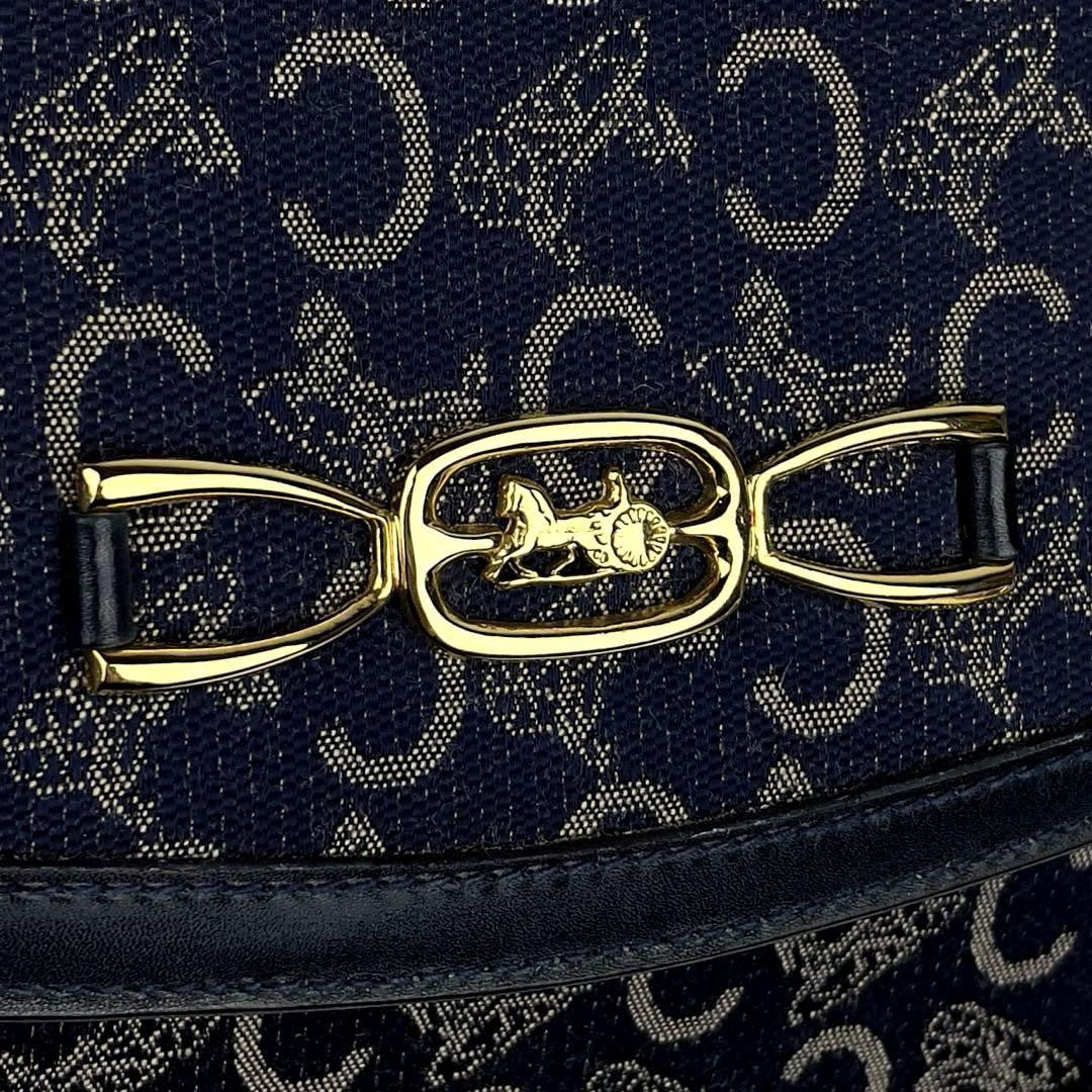 CELINE Shoulder Bag Purse Horse carriage Canvas Leather Navy Authentic
