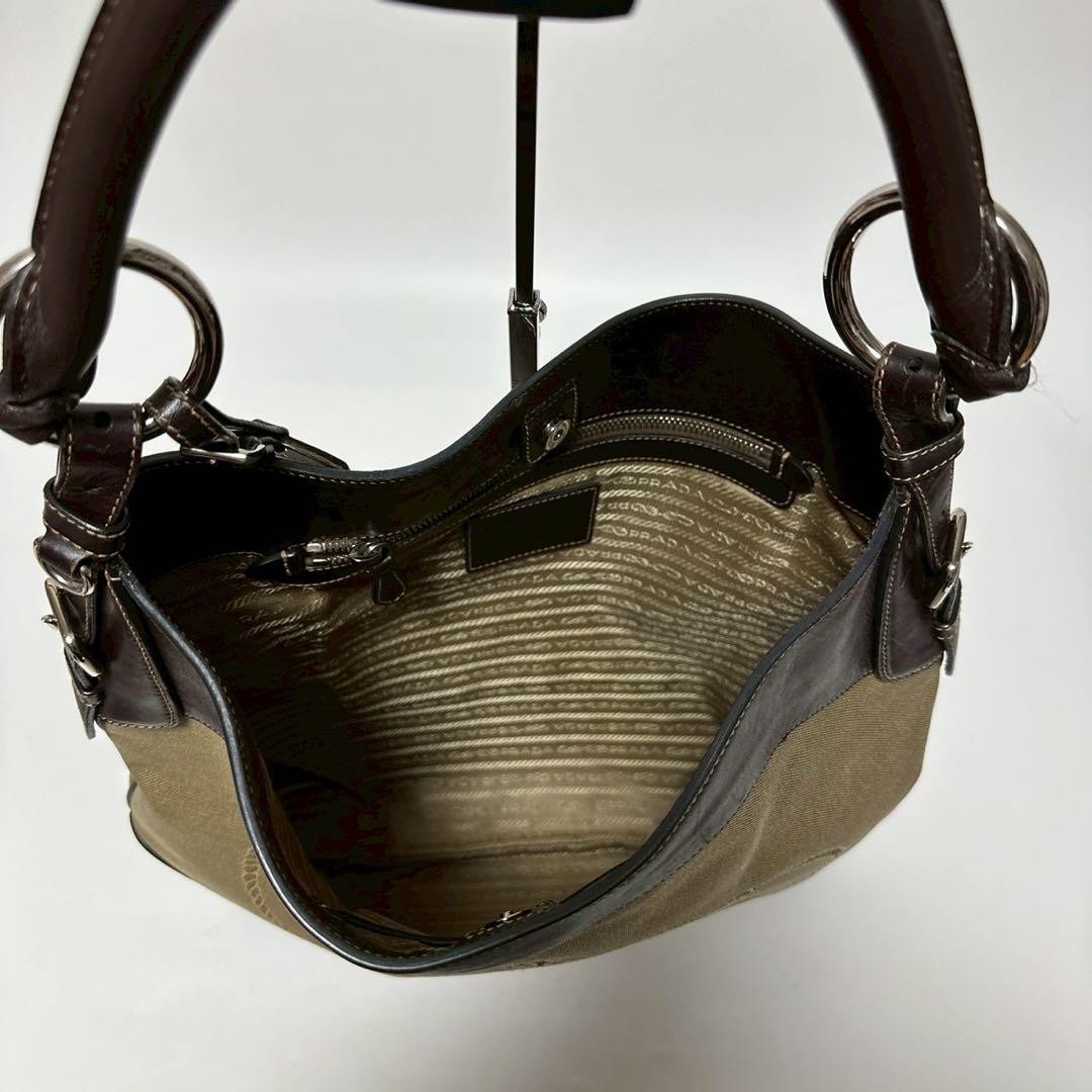 PRADA Shoulder Bag Purse Canvas Leather Beige Authentic