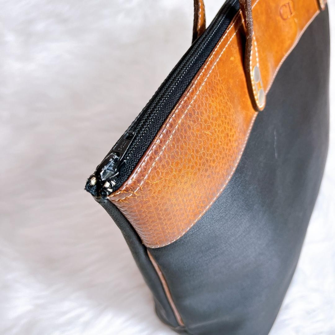Christian Dior Hand Bag Tote Purse CD Nylon Canvas Leather Black Brown Authentic