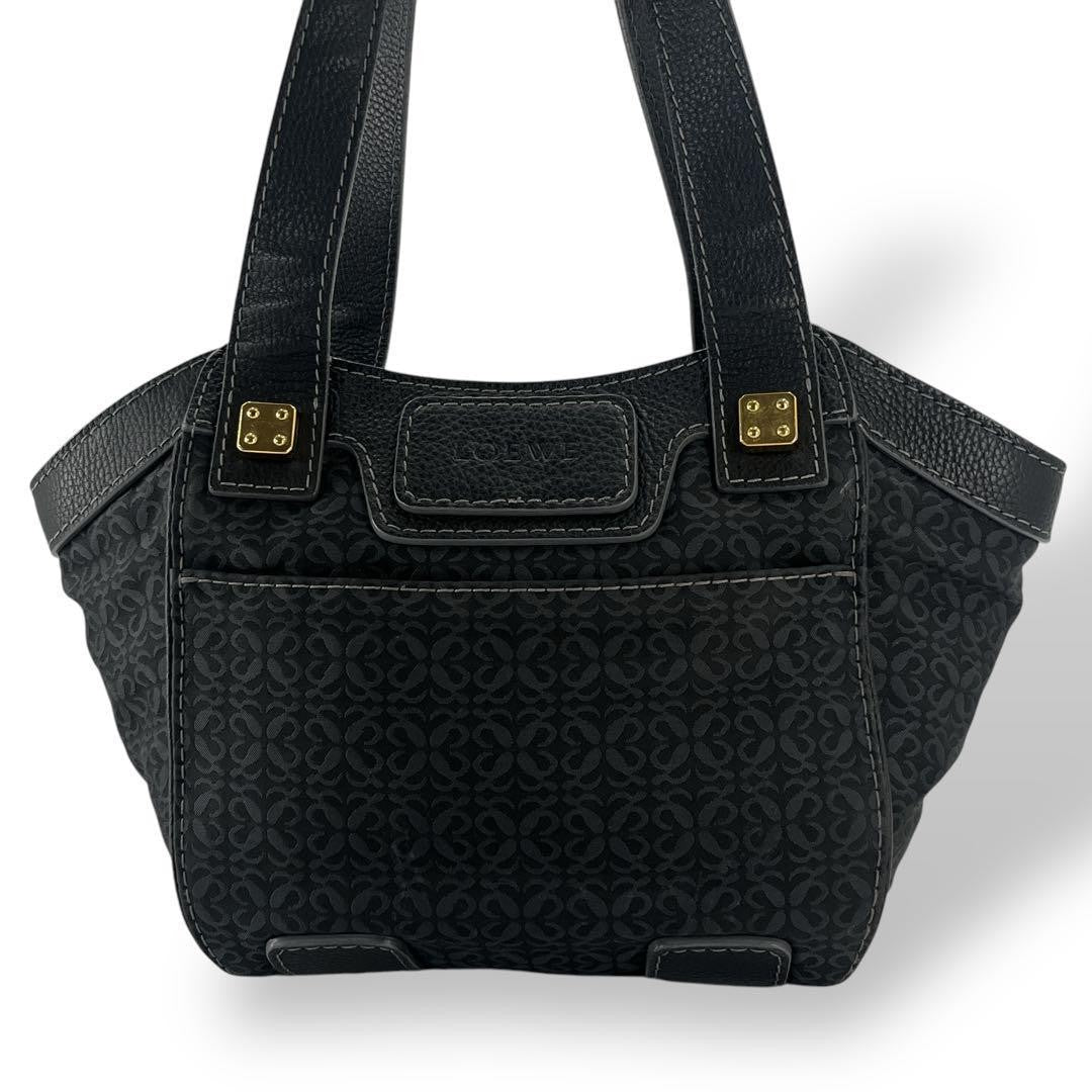 LOEWE Hand Bag Tote Purse Anagram Canvas Leather Black Authentic