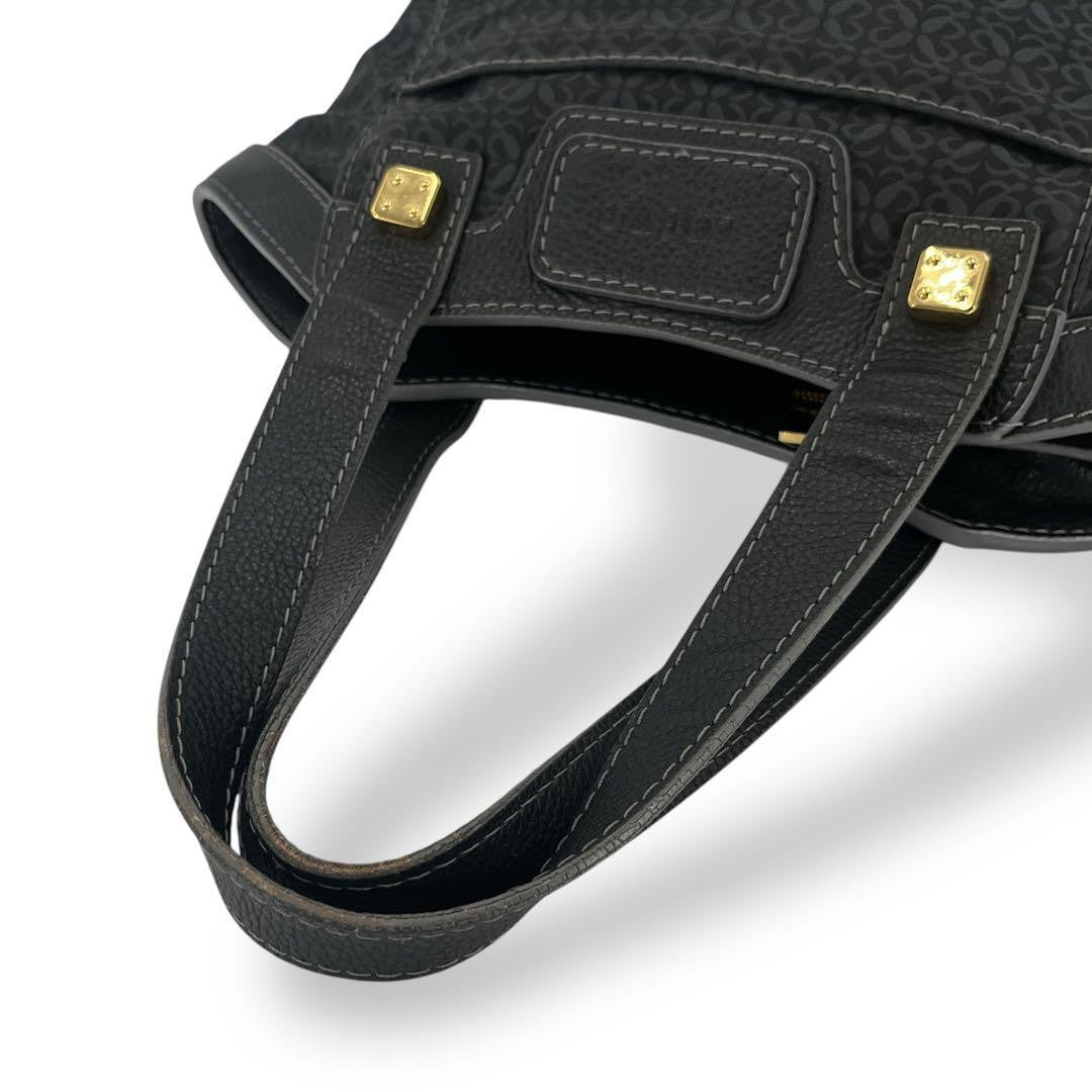 LOEWE Hand Bag Tote Purse Anagram Canvas Leather Black Authentic