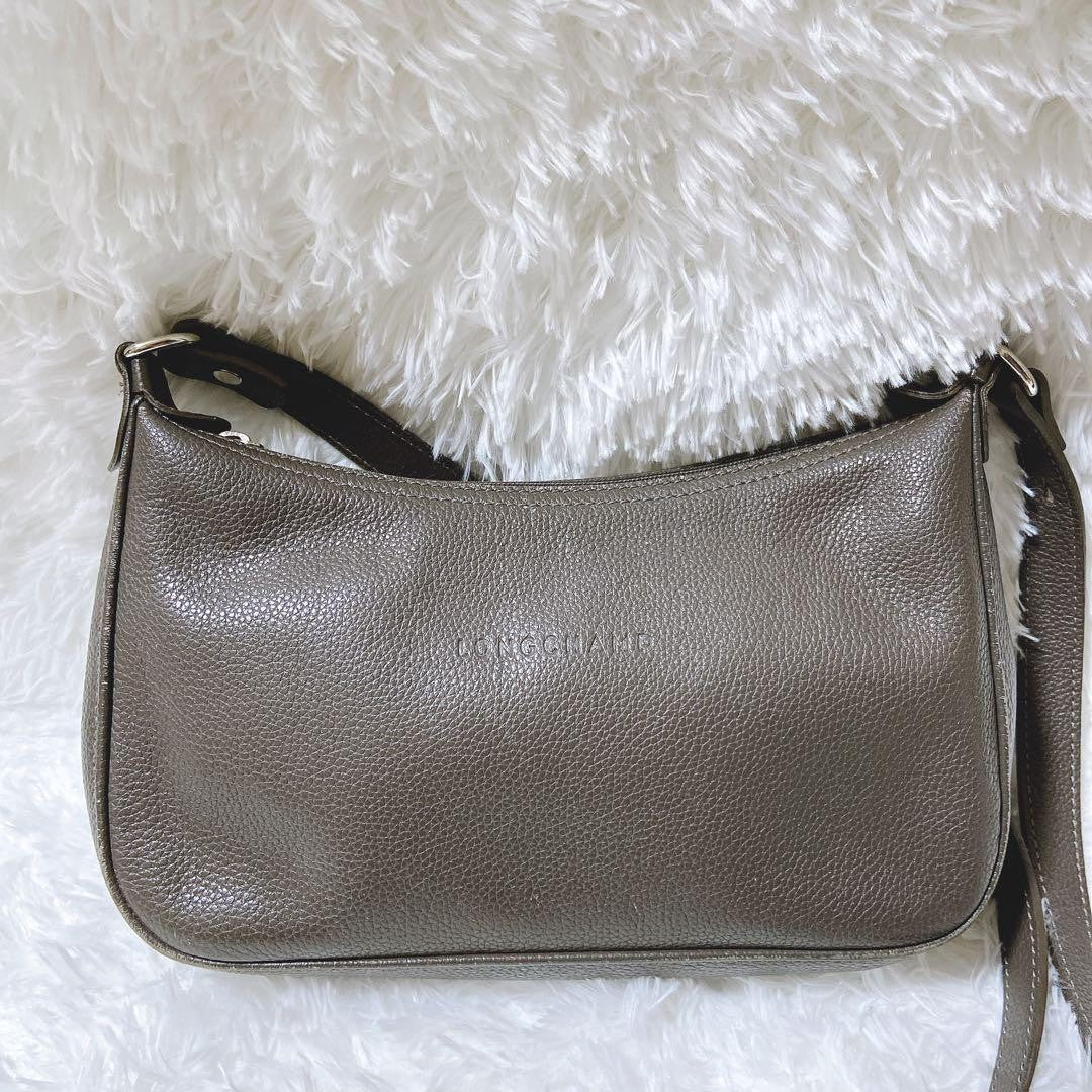 Longchamp Shoulder Bag Purse Leather Gray Authentic