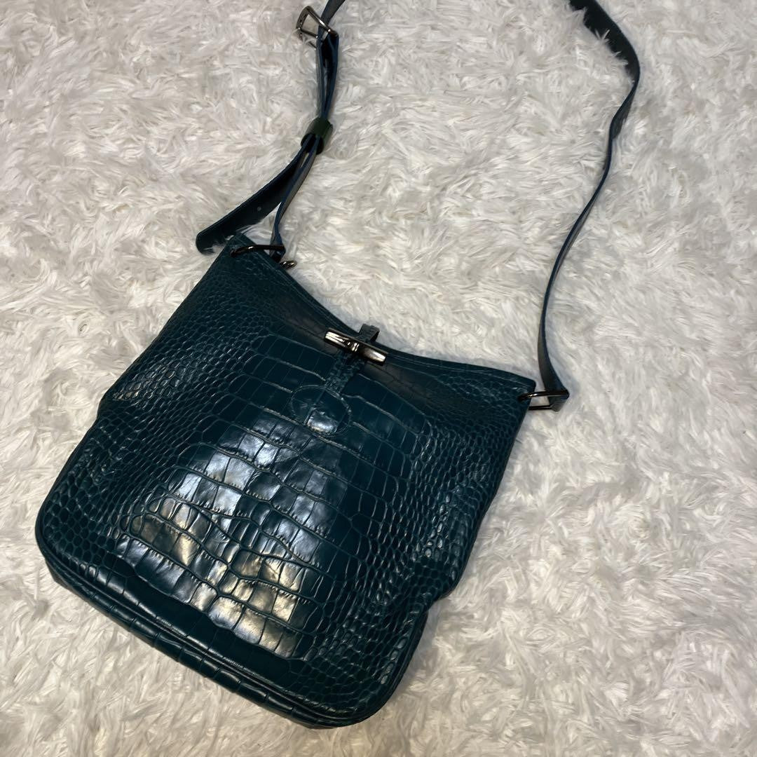 Longchamp Shoulder Bag Purse Leather Green Authentic