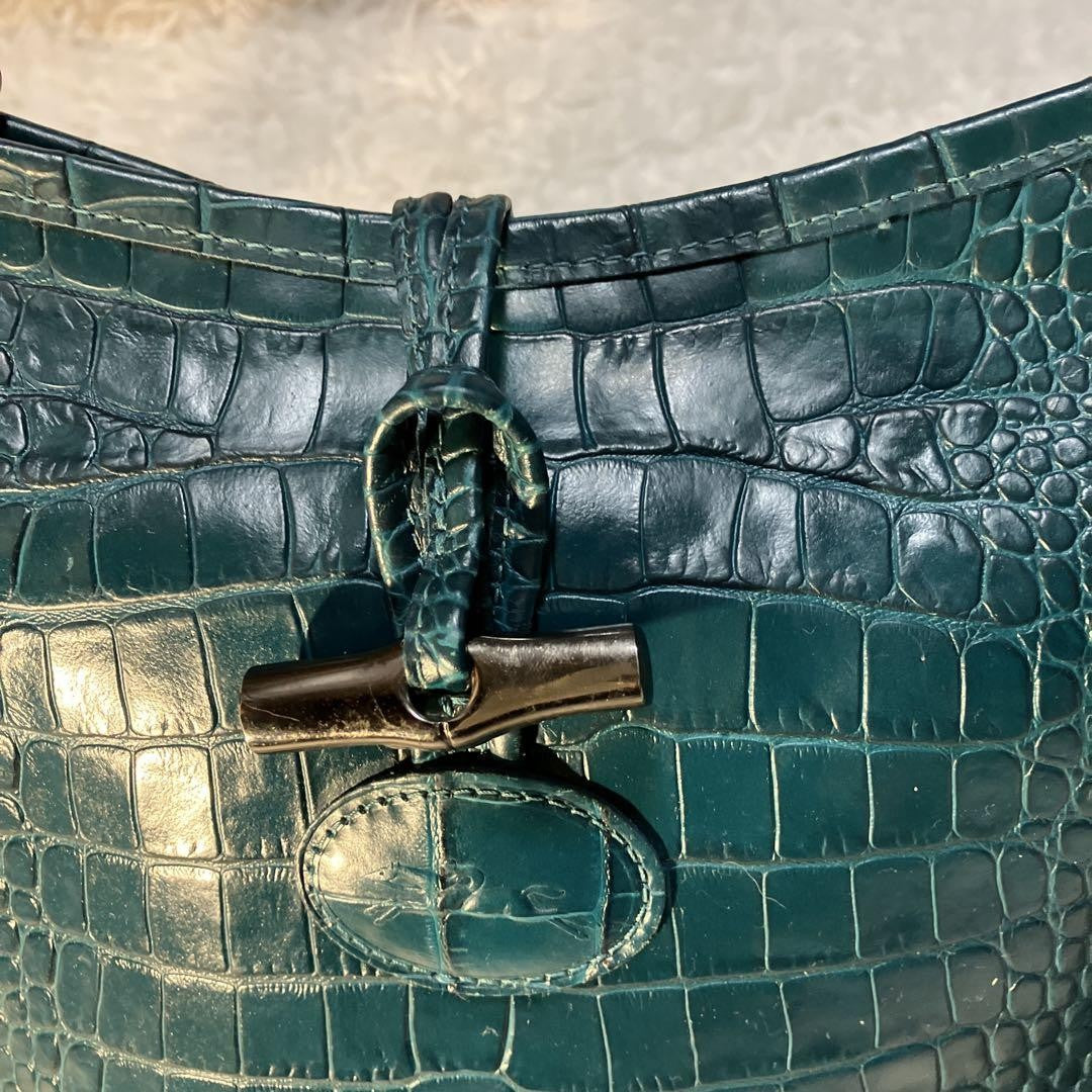 Longchamp Shoulder Bag Purse Leather Green Authentic