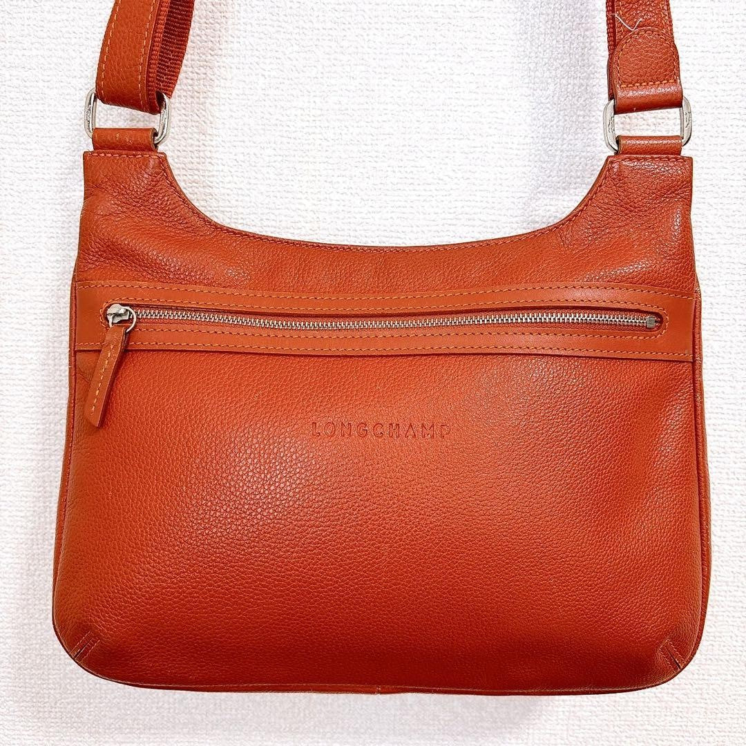 Longchamp Shoulder Bag Purse Leather Orange Authentic