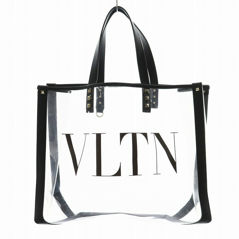 Valentino Garavani Hand Bag Tote Purse Rockstuds Vinyl Leather Clear Red Black