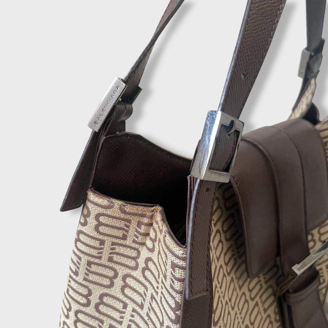 BALENCIAGA Hand Bag Tote Purse BB Canvas Leather Beige Brown Authentic