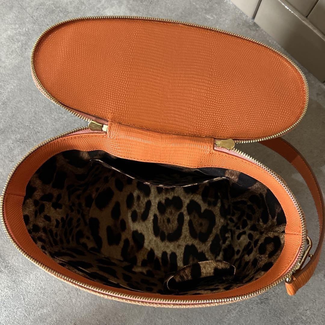 Dolce & Gabbana Vanity Bag Purse 2way Leopard Leather Raffia Salmon Pink Orange