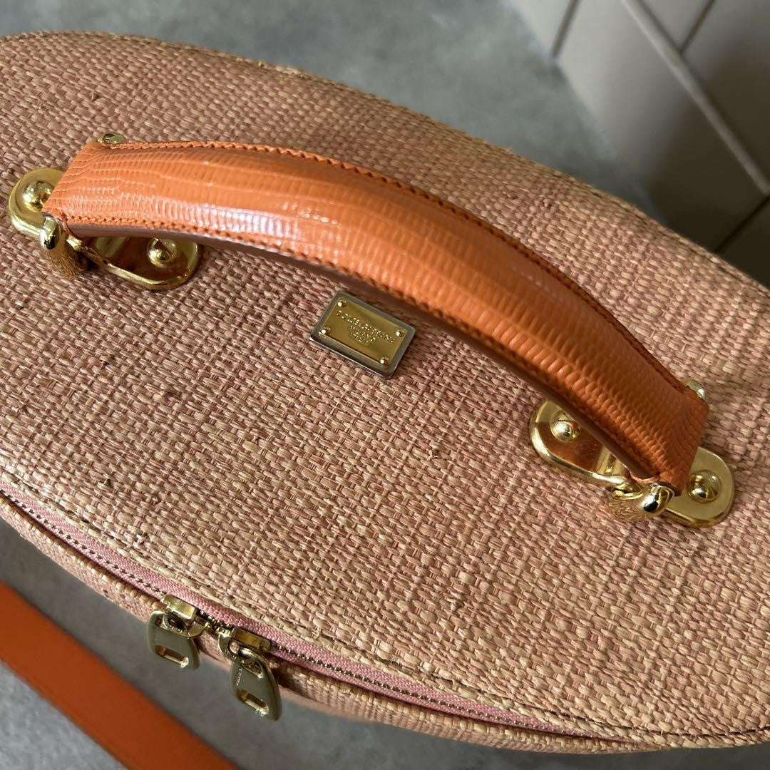 Dolce & Gabbana Vanity Bag Purse 2way Leopard Leather Raffia Salmon Pink Orange