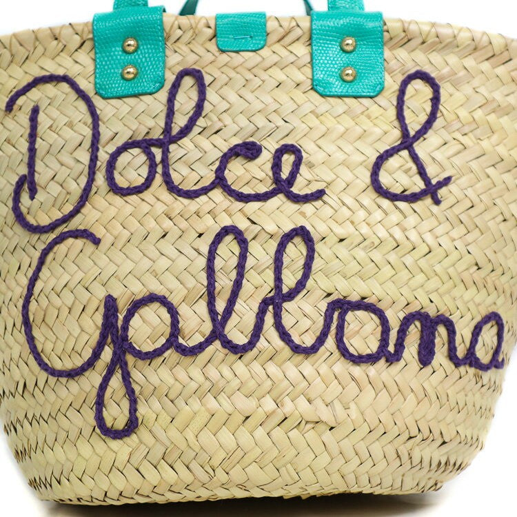 Dolce & Gabbana Hand Bag Tote Purse Straw Leather Natural Beige Turquoise Blue
