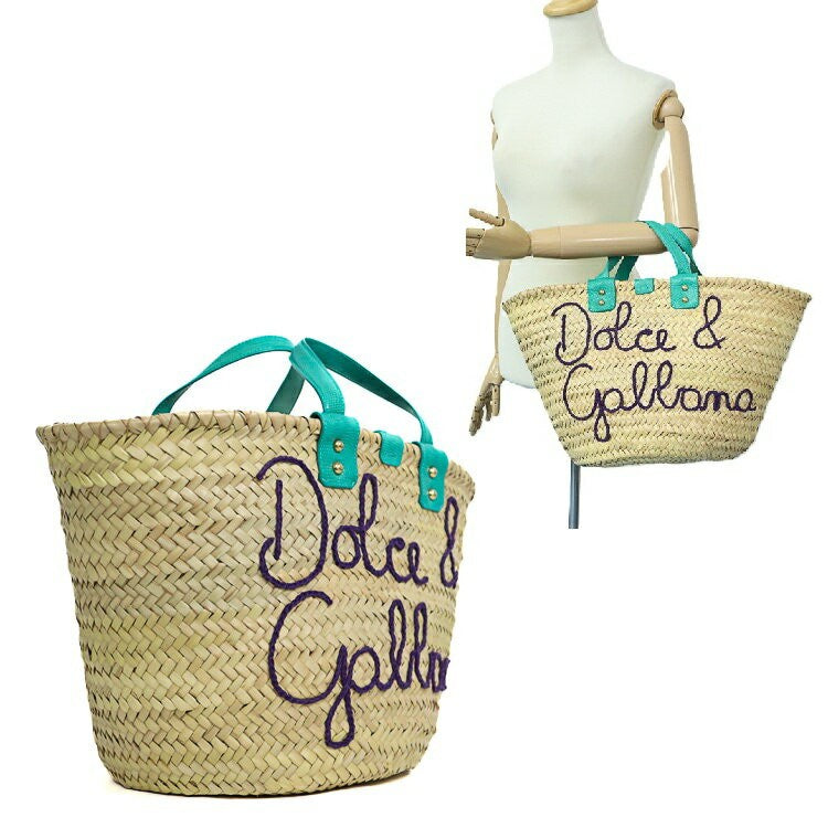 Dolce & Gabbana Hand Bag Tote Purse Straw Leather Natural Beige Turquoise Blue