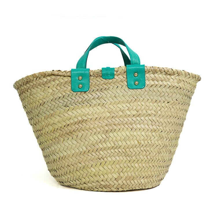 Dolce & Gabbana Hand Bag Tote Purse Straw Leather Natural Beige Turquoise Blue