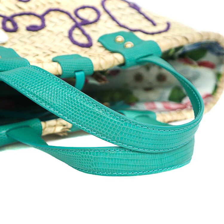 Dolce & Gabbana Hand Bag Tote Purse Straw Leather Natural Beige Turquoise Blue