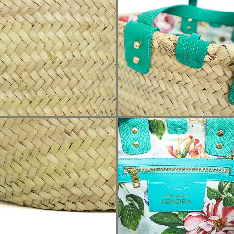 Dolce & Gabbana Hand Bag Tote Purse Straw Leather Natural Beige Turquoise Blue