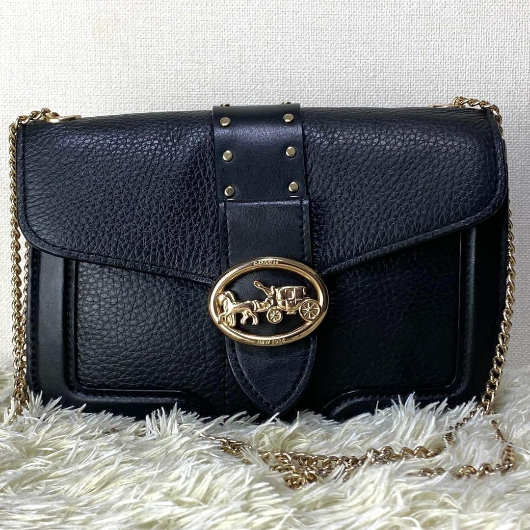 COACH Shoulder Bag Purse Chain Leather Black Authentic