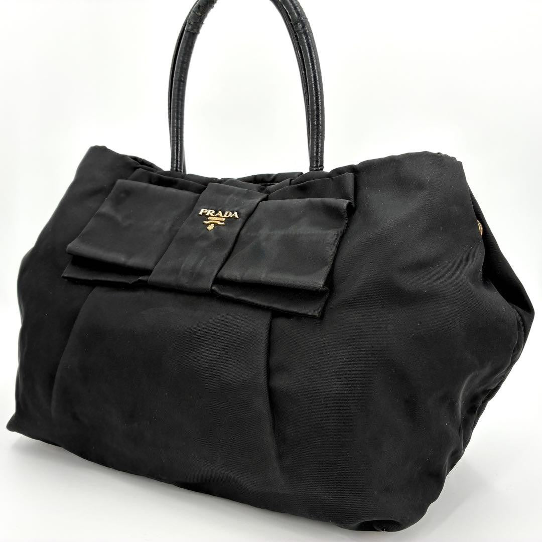 PRADA Tote bag Purse handbag ribbon logo hardware nylon black gold Women's Auth