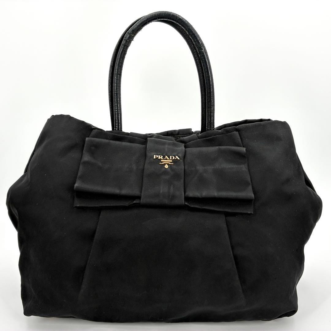 PRADA Tote bag Purse handbag ribbon logo hardware nylon black gold Women's Auth