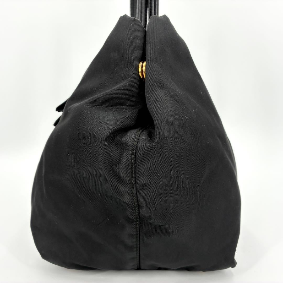 PRADA Tote bag Purse handbag ribbon logo hardware nylon black gold Women's Auth