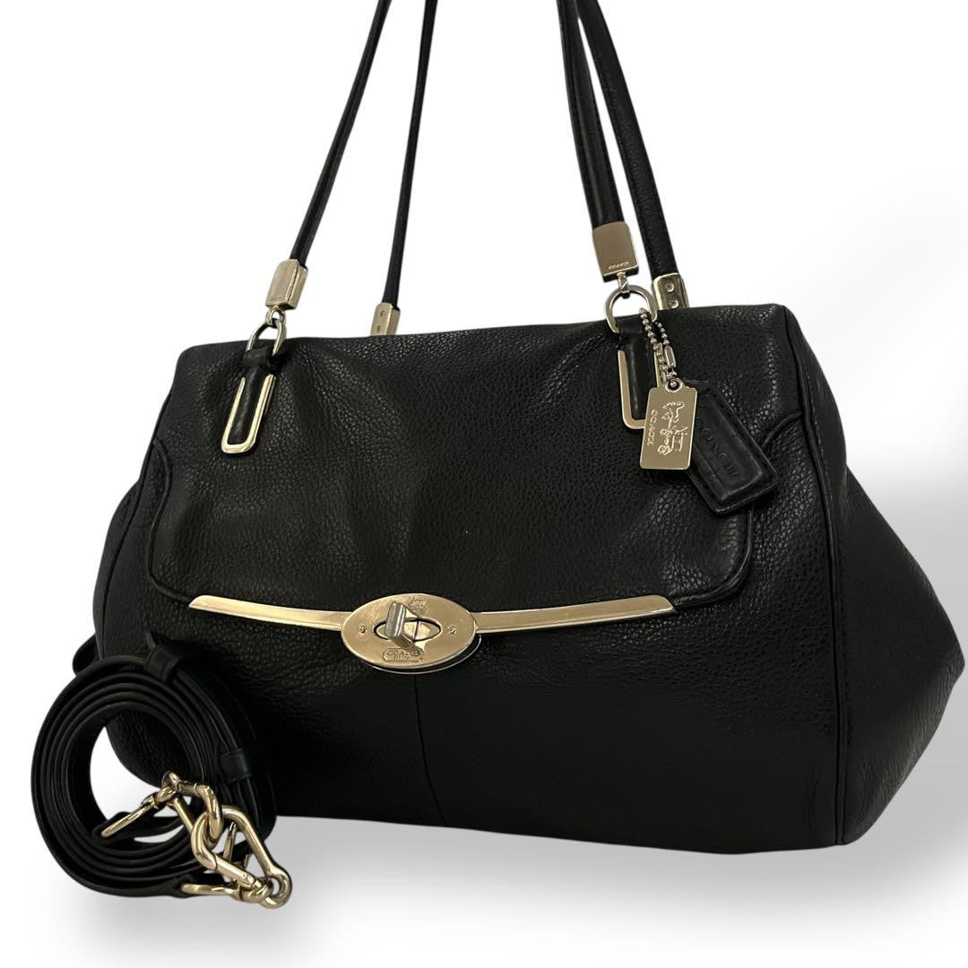 COACH Shoulder Bag Purse 2way Turn Lock Leather Black Authentic