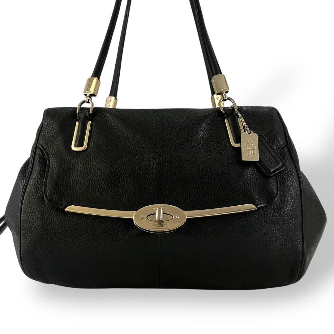 COACH Shoulder Bag Purse 2way Turn Lock Leather Black Authentic