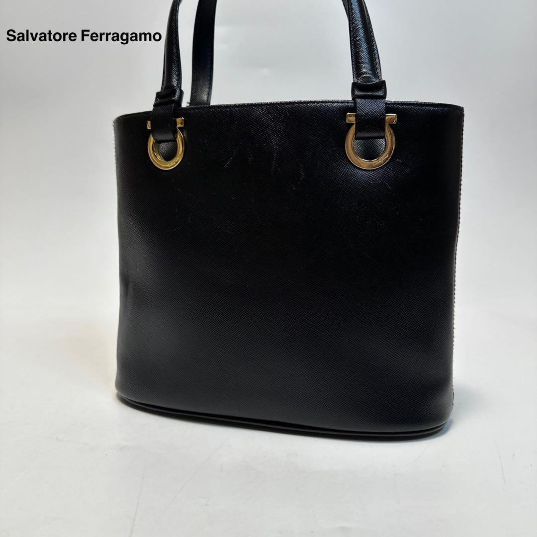 Salvatore Ferragamo Hand Bag Tote Purse Gancini Leather Authentic Black