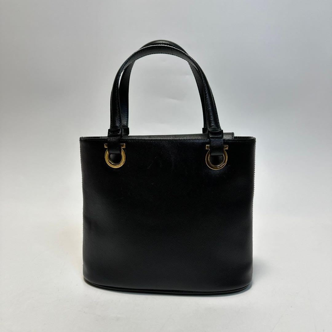 Salvatore Ferragamo Hand Bag Tote Purse Gancini Leather Authentic Black