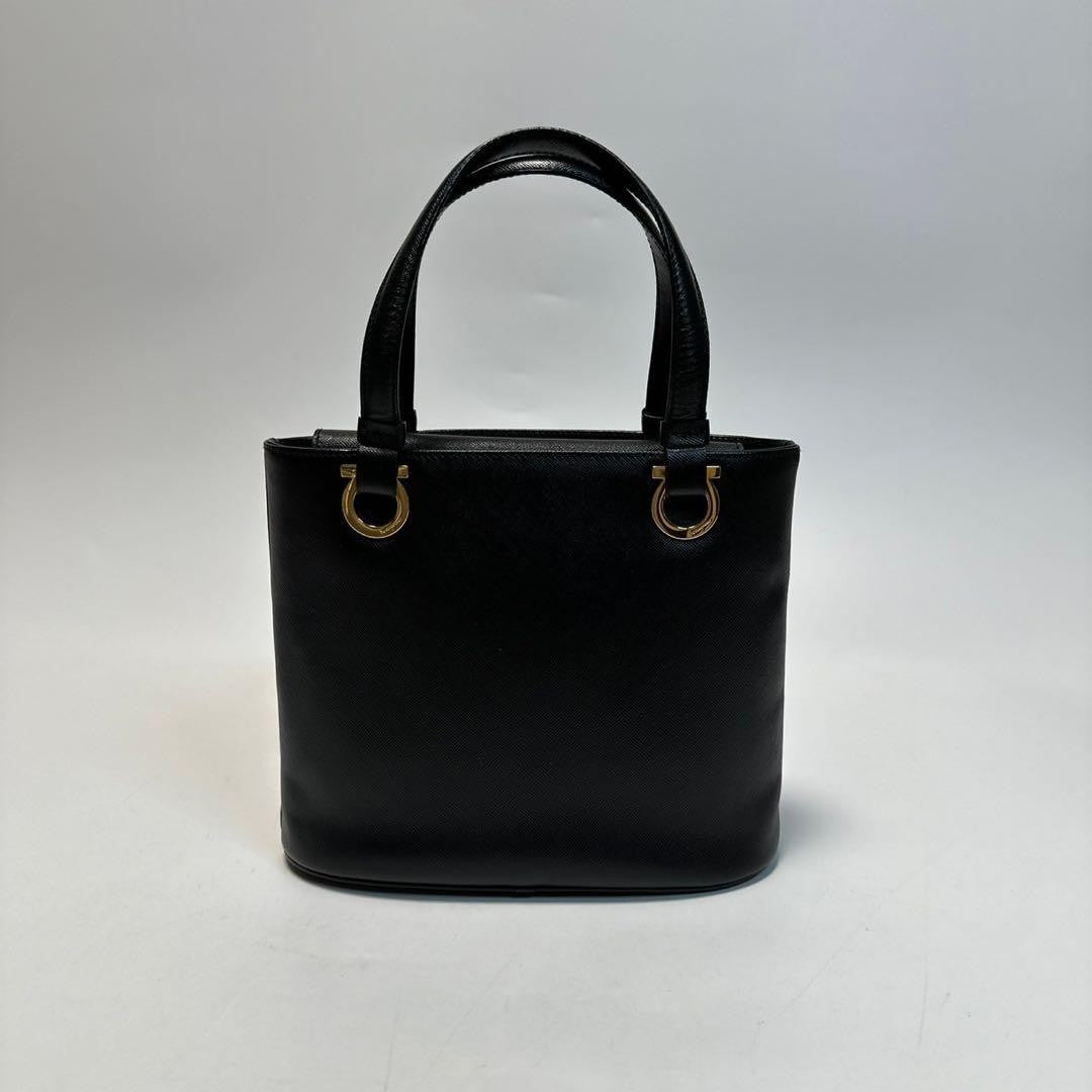 Salvatore Ferragamo Hand Bag Tote Purse Gancini Leather Authentic Black