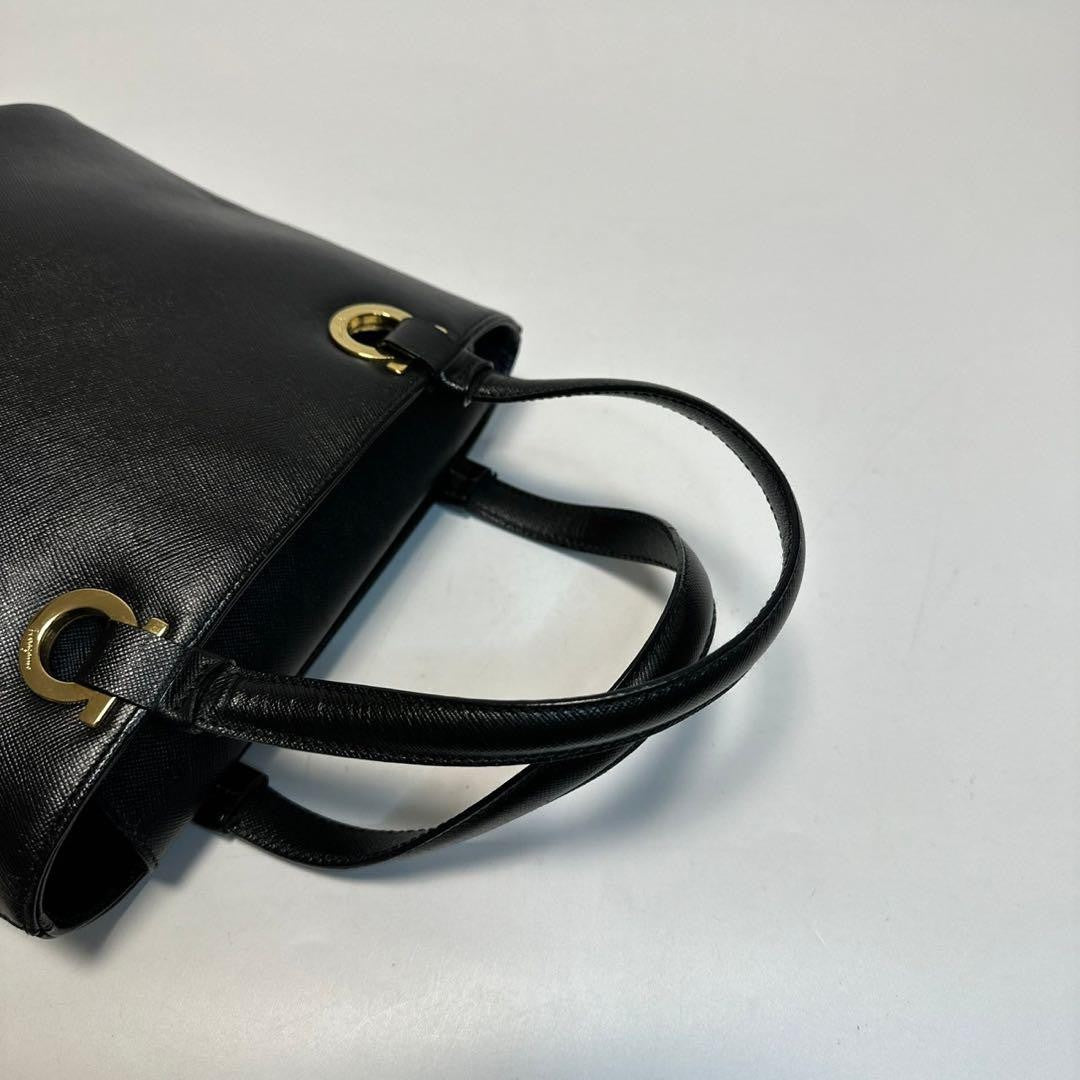 Salvatore Ferragamo Hand Bag Tote Purse Gancini Leather Authentic Black