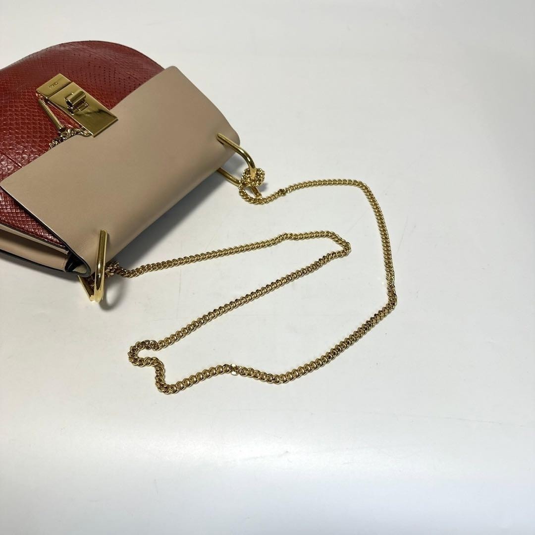 Chloe Shoulder Bag Purse Drew Chain Leather Red Beige Authentic