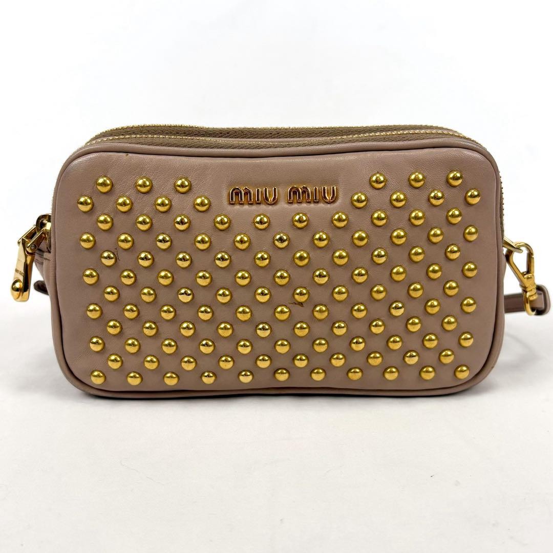 MIU MIU Accessory Pouch Hand Pouch Logo Leather Beige Pink Authentic