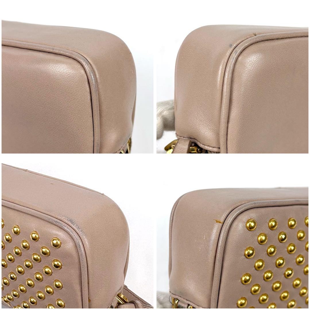 MIU MIU Accessory Pouch Hand Pouch Logo Leather Beige Pink Authentic