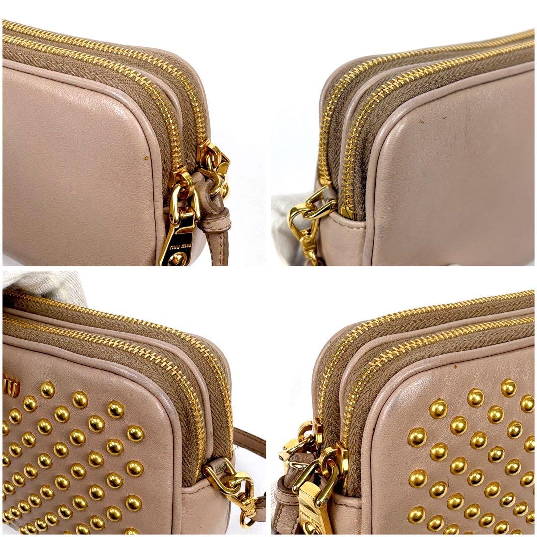 MIU MIU Accessory Pouch Hand Pouch Logo Leather Beige Pink Authentic