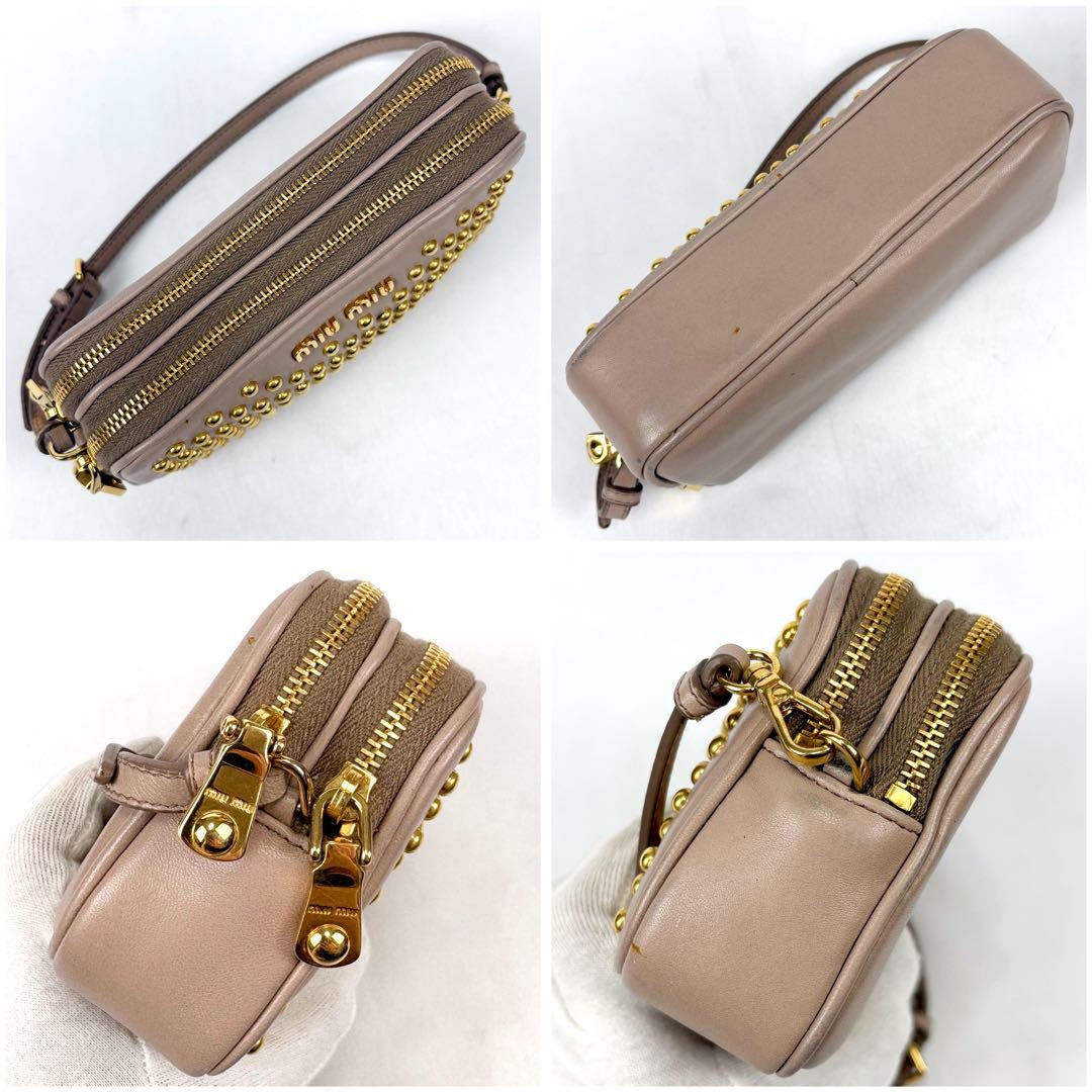 MIU MIU Accessory Pouch Hand Pouch Logo Leather Beige Pink Authentic