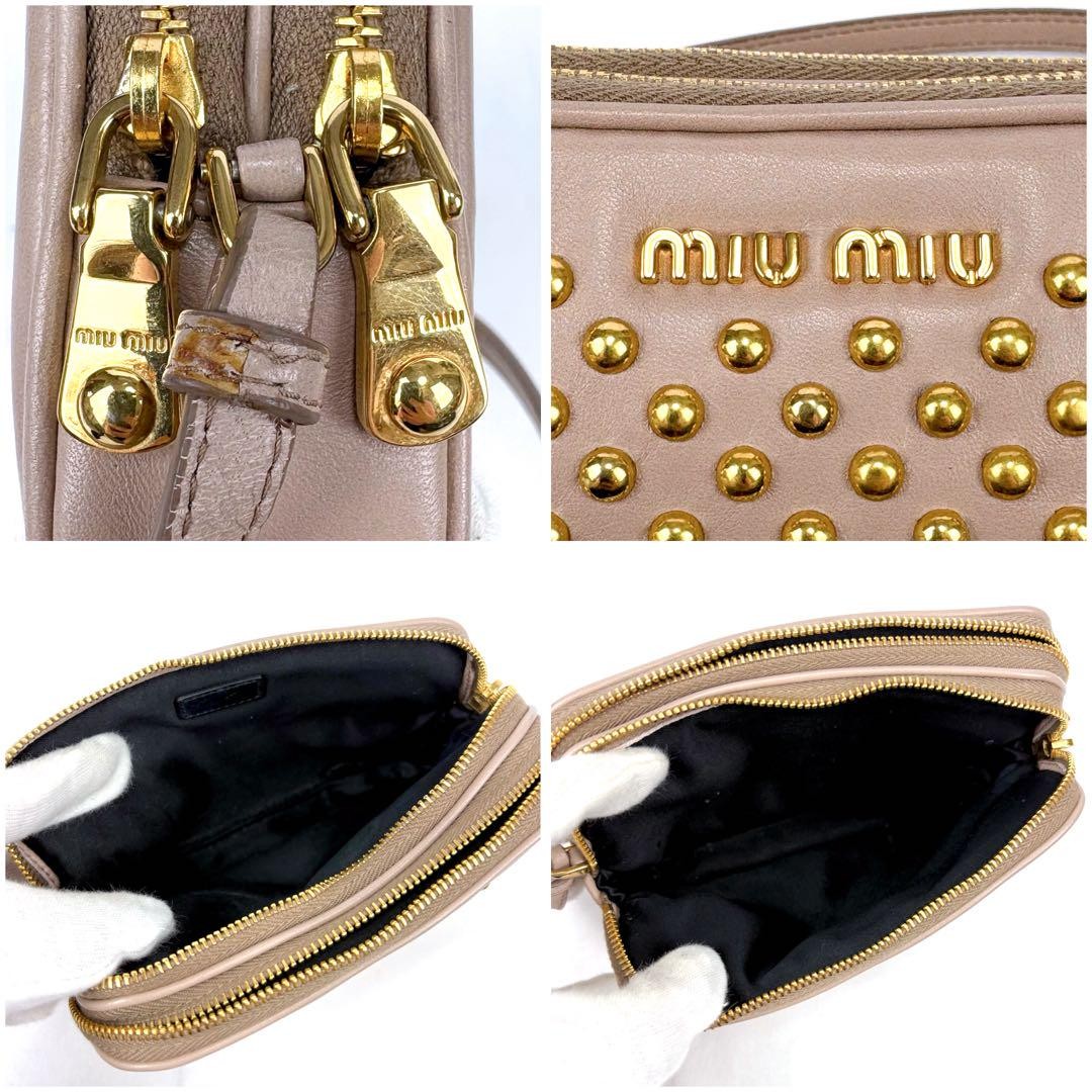 MIU MIU Accessory Pouch Hand Pouch Logo Leather Beige Pink Authentic