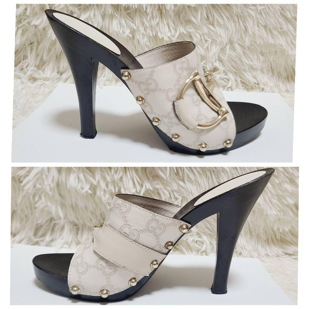 GUCCI Sandals Shoes Horse bit EU 36.5 US 6.5 Leather Wood Ivory Authentic