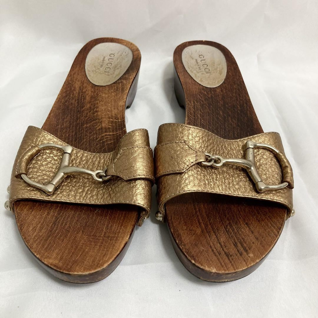GUCCI Sandals Shoes Horse bit EU 37.0 US 7.0 Brown Gold Authentic