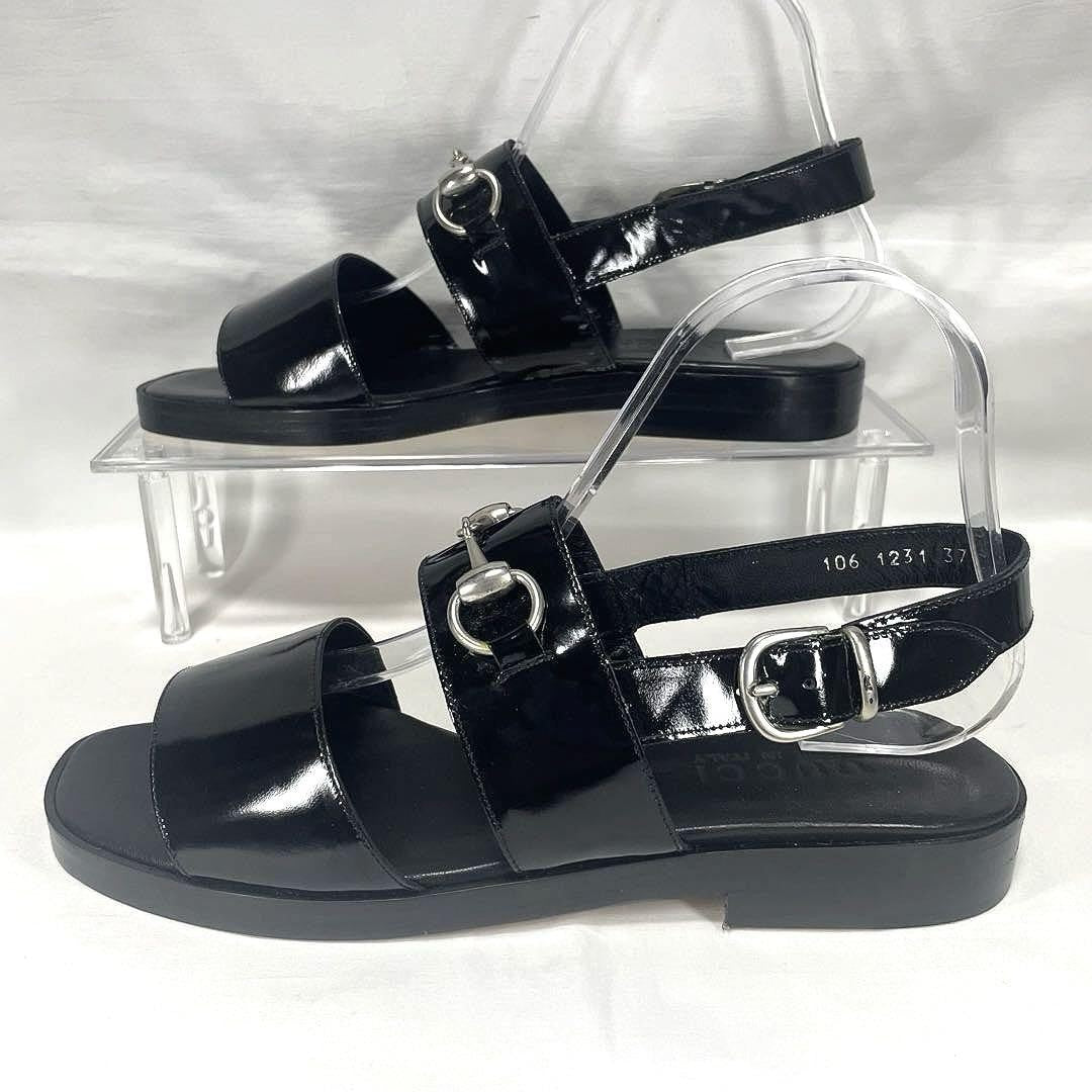 GUCCI Sandals Shoes Horse bit EU 37.0 US 7.0 Leather Black Authentic