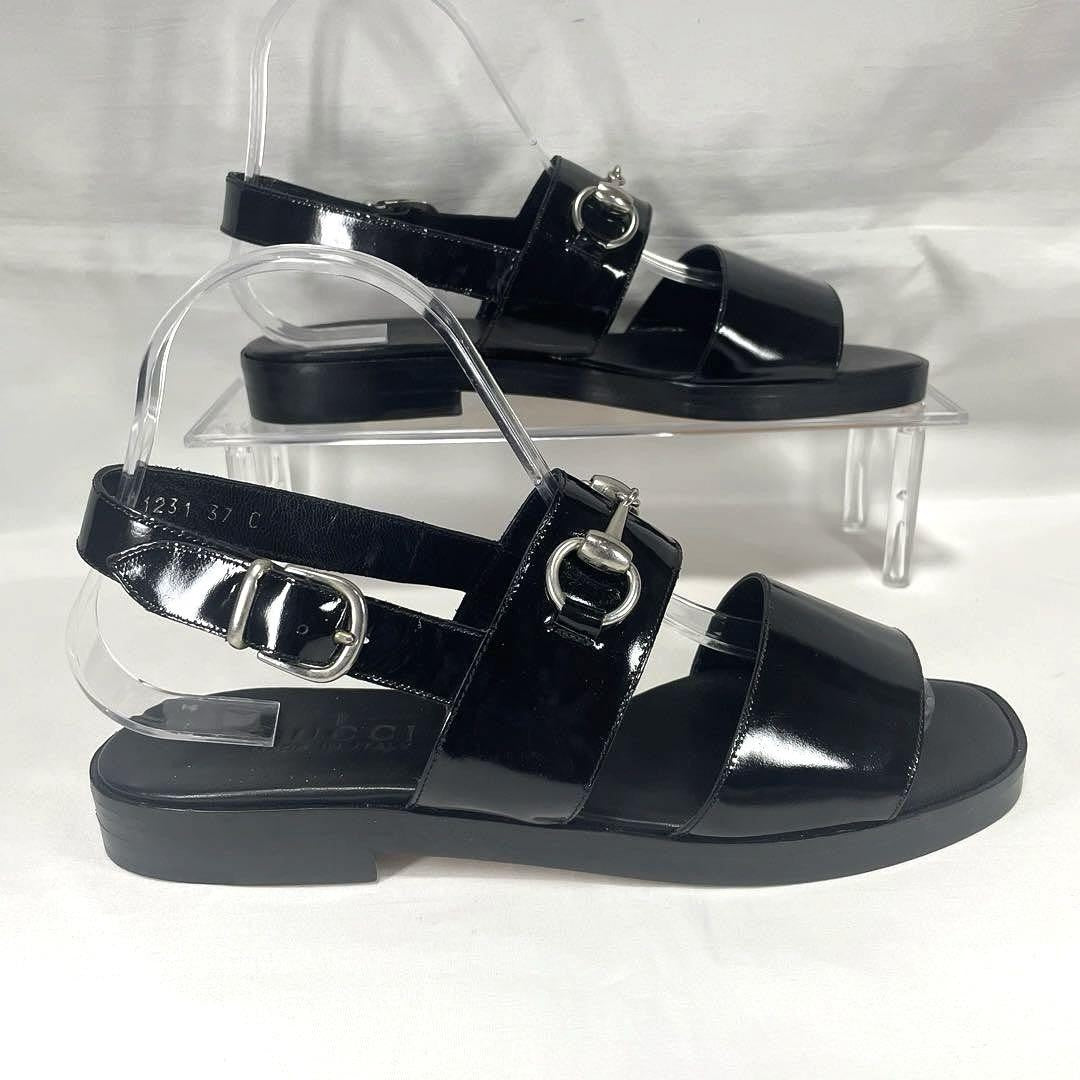 GUCCI Sandals Shoes Horse bit EU 37.0 US 7.0 Leather Black Authentic