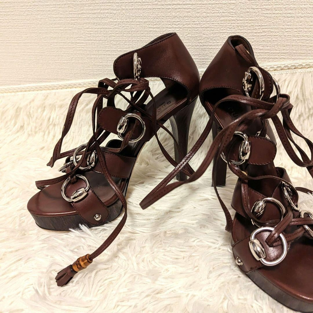 GUCCI Sandals Shoes EU 37.0 US 7.0 Leather Brown Authentic