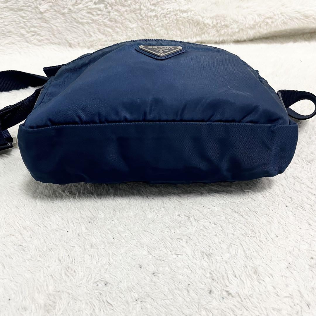 PRADA Shoulder Camera Bag Purse Logo Nylon Leather Blue Navy Authentic
