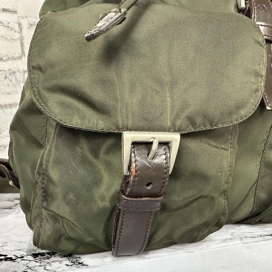 PRADA backpack Purse Logo Khaki Nylon Leather Used Women's Men's Authentic