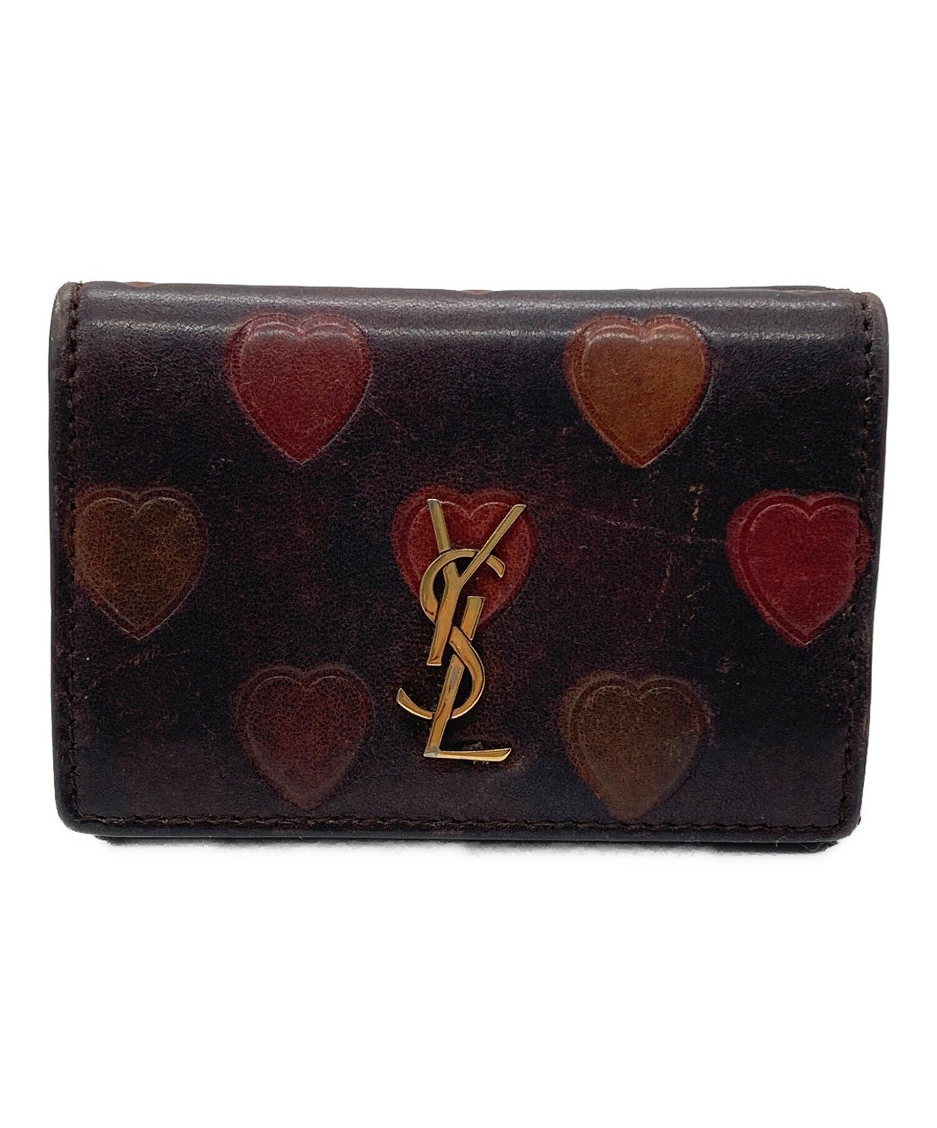 Saint Laurent Paris Tri-fold Wallet Compact Purse YSL Cassandra Heart Brown Auth