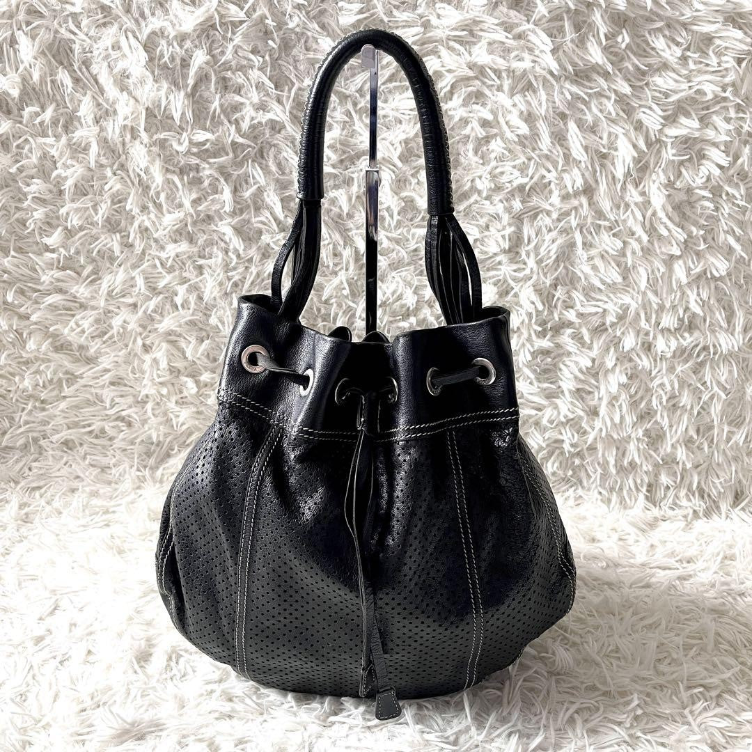 PRADA Shoulder Bag Purse Perforated Leather Black Authentic