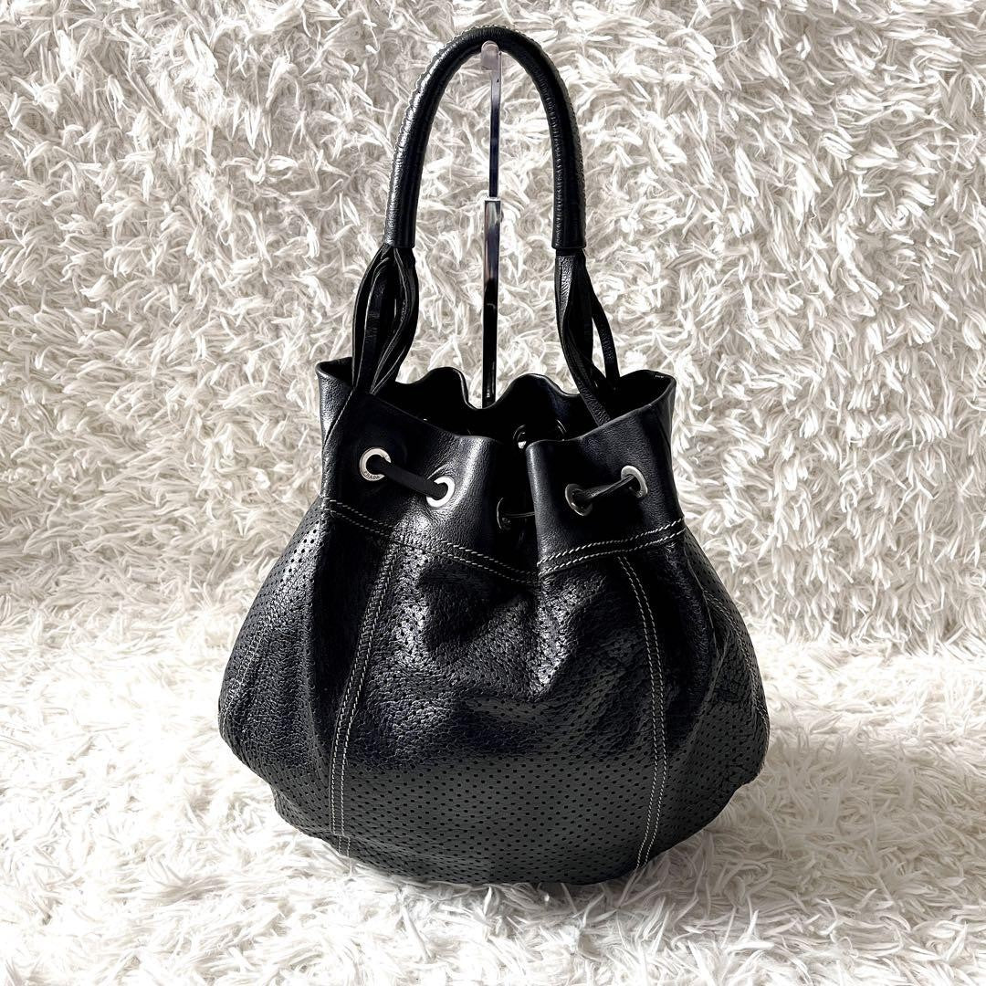 PRADA Shoulder Bag Purse Perforated Leather Black Authentic