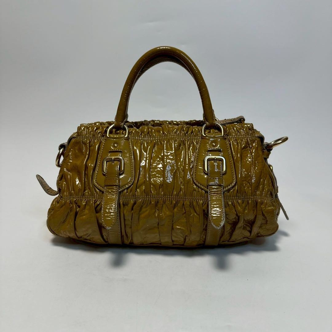 PRADA Hand Shoulder Bag Tote Purse 2way Patent Leather Brown Beige Authentic