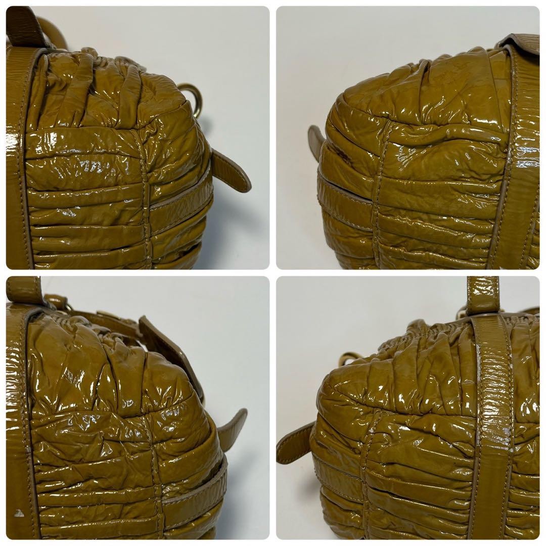 PRADA Hand Shoulder Bag Tote Purse 2way Patent Leather Brown Beige Authentic